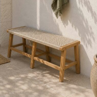 banc sans dossier en bois de teck et cordes rotin 120 cm