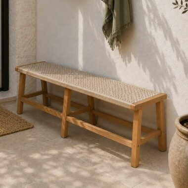Banc en bois de teck jardin 140 cm beige imitation rotin
