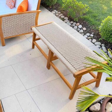 banc bois teck rotin sans dossier exterieur