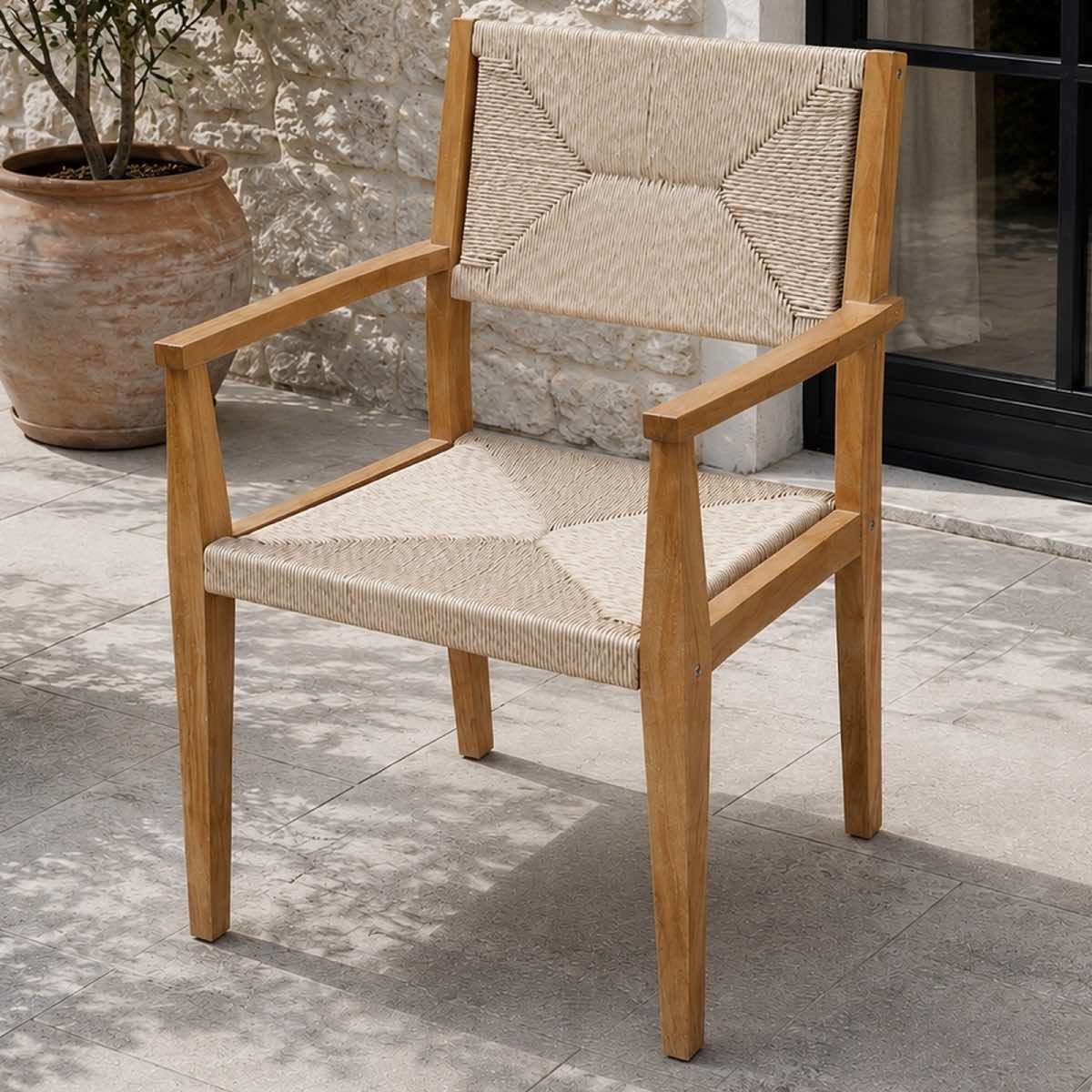 chaise fauteuil de jardin en teck design beige rotin moderne