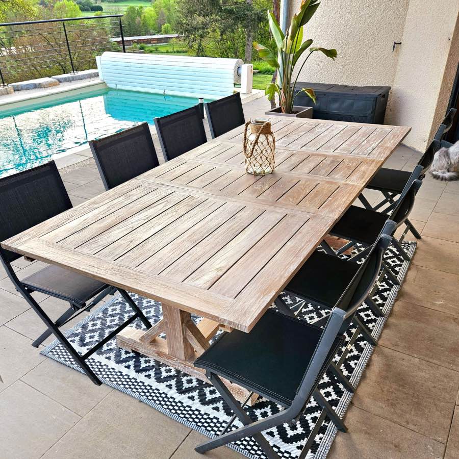 table de jardin extensible en bois 8 à 10 personnes en bois cérusé